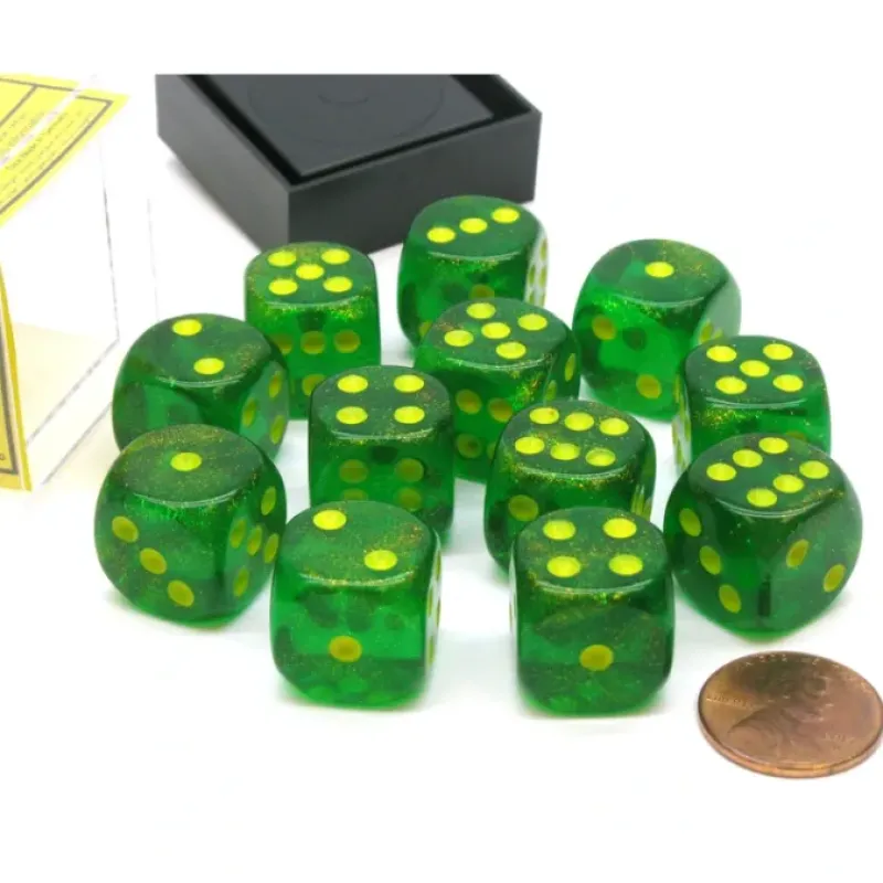 Dice>Borealis 16mm D6 Chessex Dice Block (12 Die) - Maple Green with Yellow Pips - Your Source for Gaming Essentials
