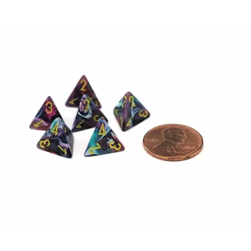 Dice>Festive 12mm Mini 4 Sided D4 Dice, 6 Pieces - Mosaic with Yellow Numbers - Your Source for Gaming Essentials