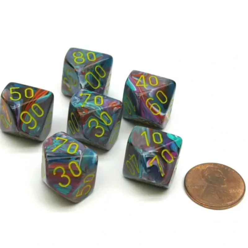 Dice>Festive 16mm Tens D10 (00-90) Dice, 6 Pieces - Mosaic with Yellow Numbers - Your Source for Gaming Essentials