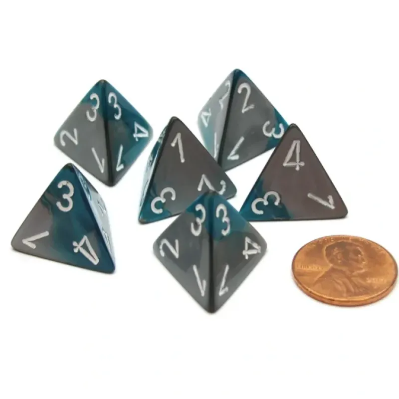 Dice>Gemini 18mm 4 Sided D4 Chessex Dice, 6 Pieces - Steel-Teal with White - Your Source for Gaming Essentials
