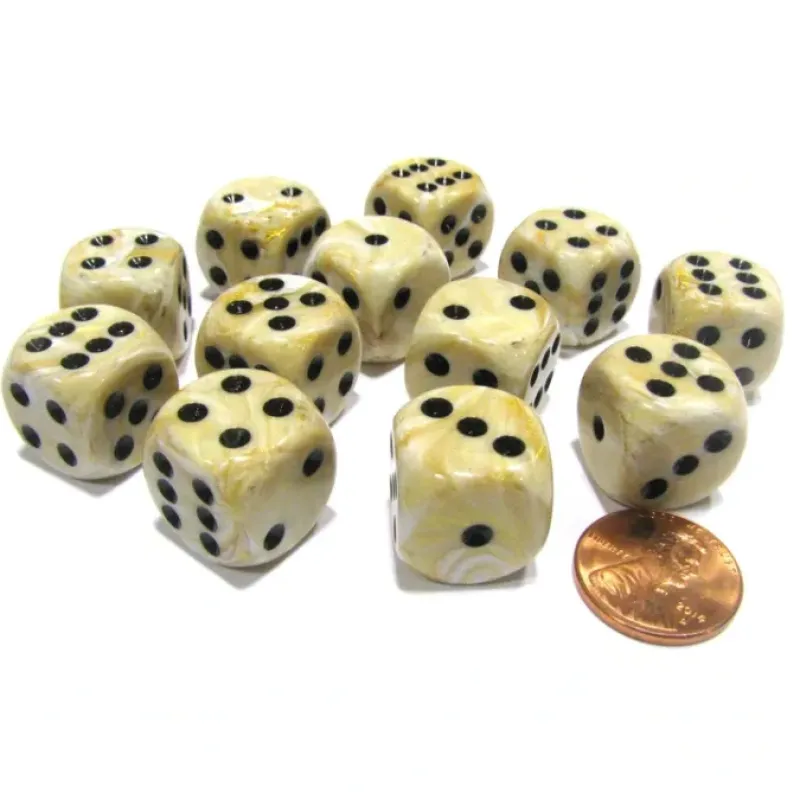 Dice>Marble 16mm D6 Chessex Dice Block (12 Dice) - Ivory with Black Pips - Your Source for Gaming Essentials