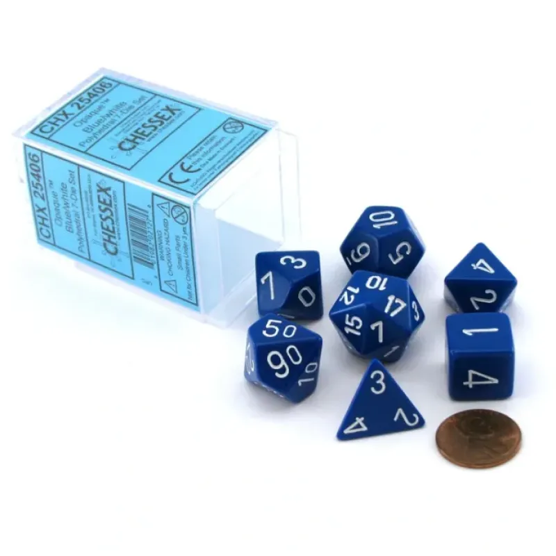 Dice>Polyhedral 7-Die Opaque Chessex Dice Set - Blue with White Numbers - Your Source for Gaming Essentials