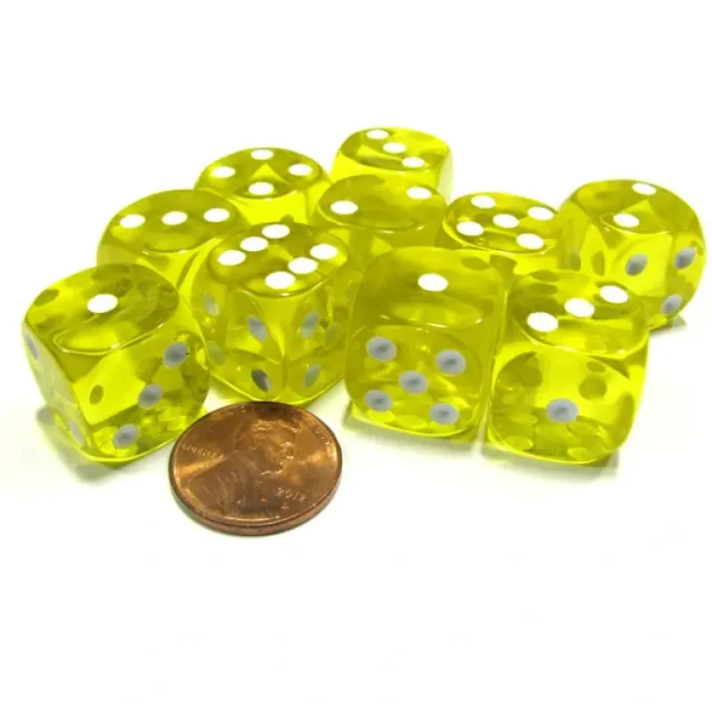 Dice>Set of 10 D6 16mm Round Corner Transparent Dice - Yellow with White Pips - Your Source for Gaming Essentials