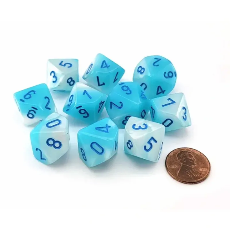 Dice>Set of 10 Luminary Gemini D10 Dice - Pearl Turquoise-White with Blue Numbers - Your Source for Gaming Essentials