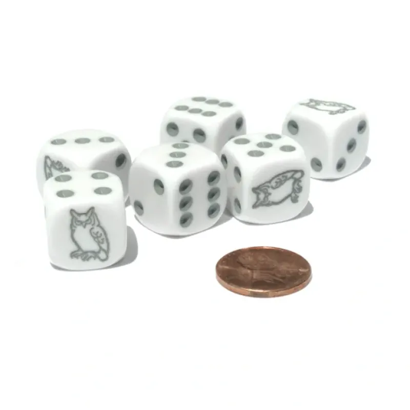 Dice>Set of 6 Owl 16mm D6 Round Edged Animal Dice - White with Gray Pips - Your Source for Gaming Essentials