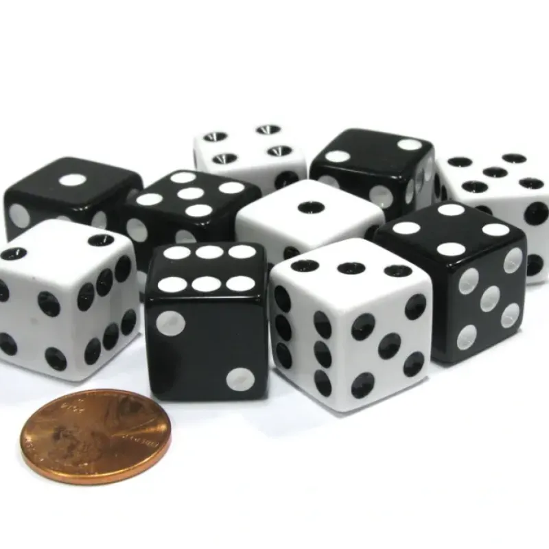 Dice>Set of 10 Six Sided 16mm D6 Dice - 5 Black w White Pip and 5 White w Black Pip - Your Source for Gaming Essentials