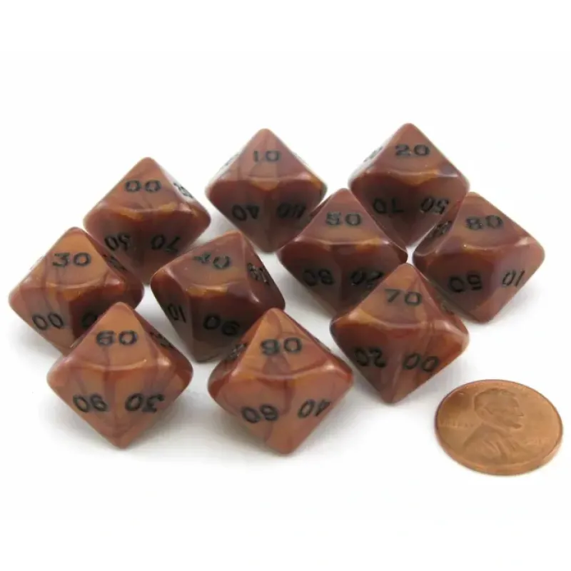Dice>Set of 10 Tens D10 (00-90) Olympic Pearlized Dice - Bronze with Black Numbers - Your Source for Gaming Essentials