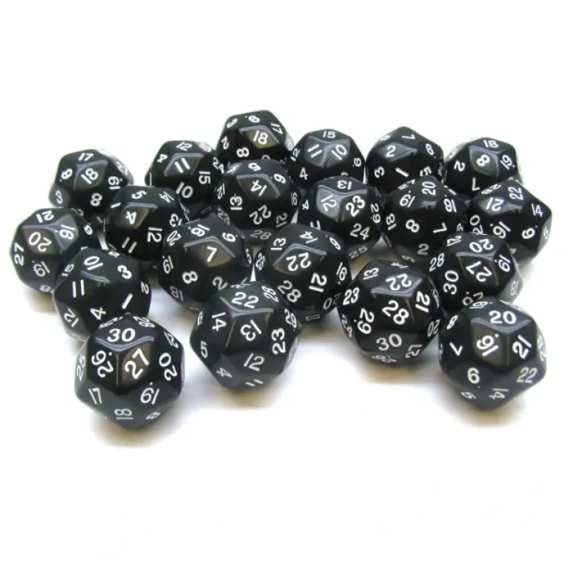 Dice>Set of 20 Triantakohedron D30 30 Sided 33mm Jumbo Dice - Black w White Numbers - Your Source for Gaming Essentials