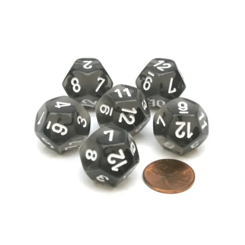 Dice>Translucent 18mm 12 Sided D12 Chessex Dice, 6 Pieces - Smoke with White Numbers - Your Source for Gaming Essentials