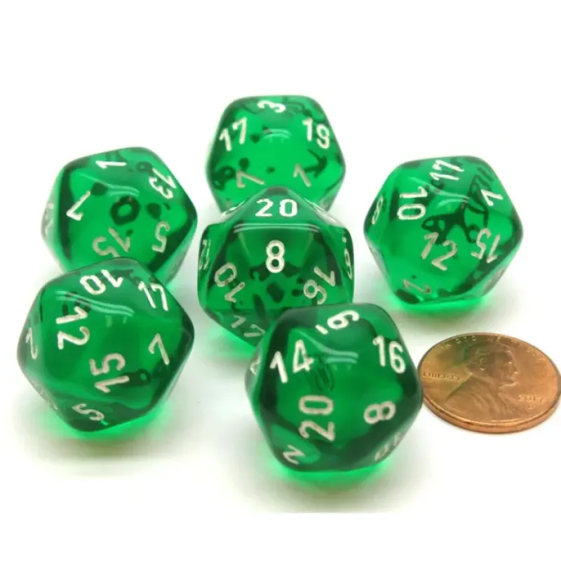 Dice>Translucent 20mm 20 Sided D20 Chessex Dice, 6 Pieces - Green with White Numbers - Your Source for Gaming Essentials