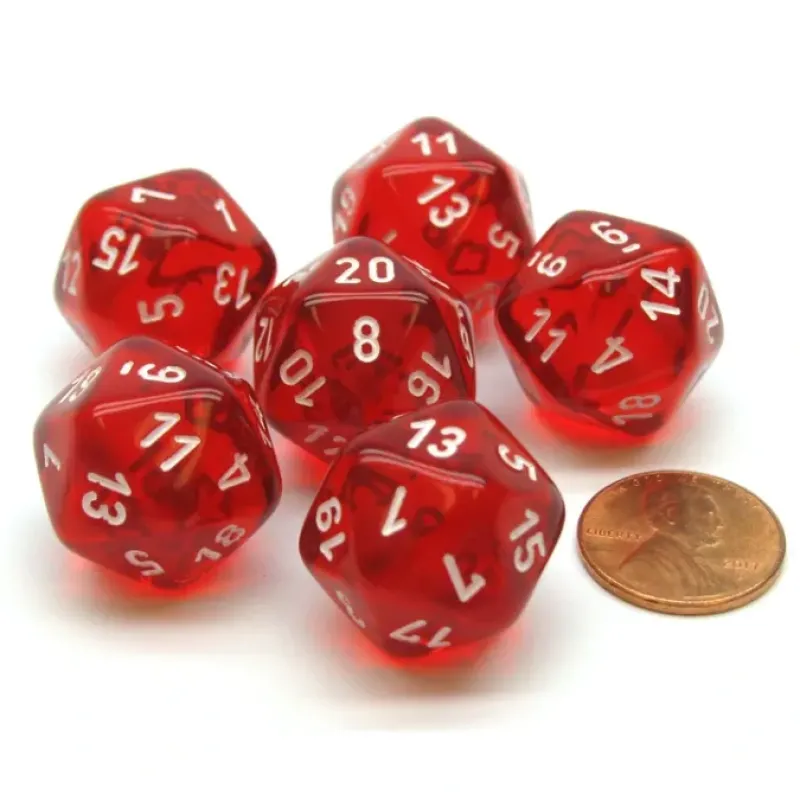 Dice>Translucent 20mm 20 Sided D20 Chessex Dice, 6 Pieces - Red with White Numbers - Your Source for Gaming Essentials