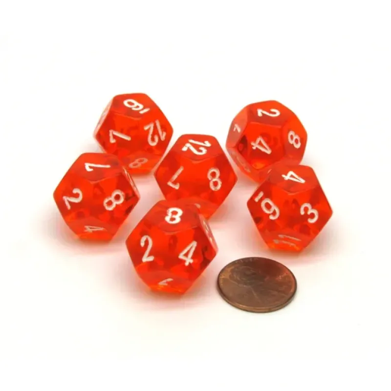 Dice>Translucent 18mm 12 Sided D12 Chessex Dice, 6 Pieces - Orange with White Numbers - Your Source for Gaming Essentials