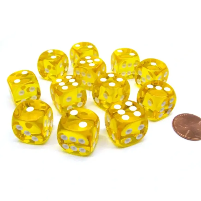 Dice>Translucent 16mm D6 Chessex Dice Block (12 Die) - Yellow with White Pips - Your Source for Gaming Essentials