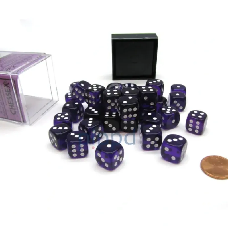 Dice>Translucent 12mm D6 Chessex Dice Block (36 Die) - Purple with White Pips - Your Source for Gaming Essentials