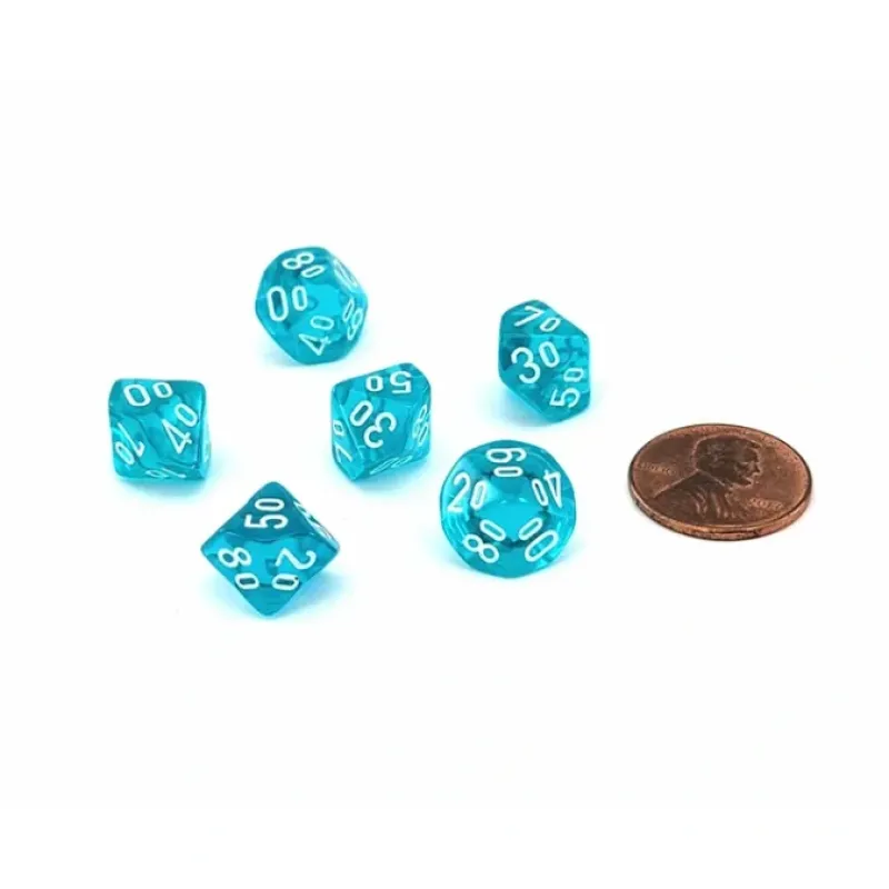 Dice>Translucent 10mm Mini Tens D10 Dice, 6 Pieces - Teal with White Numbers - Your Source for Gaming Essentials