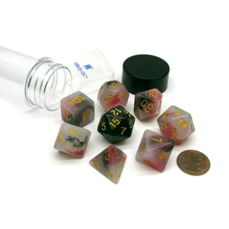 Dice>Tube of 7 Polyhedral RPG Sirius Dice with Bonus D20 - Pink, Black, Red Marble - Your Source for Gaming Essentials