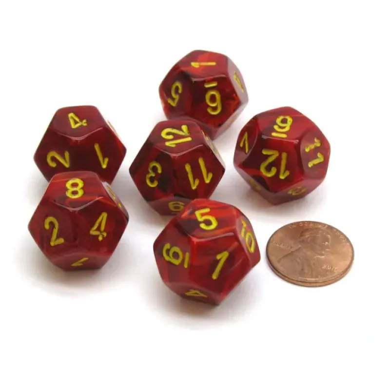 Dice>Vortex 18mm 12 Sided D12 Chessex Dice, 6 Pieces - Red with Yellow - Your Source for Gaming Essentials