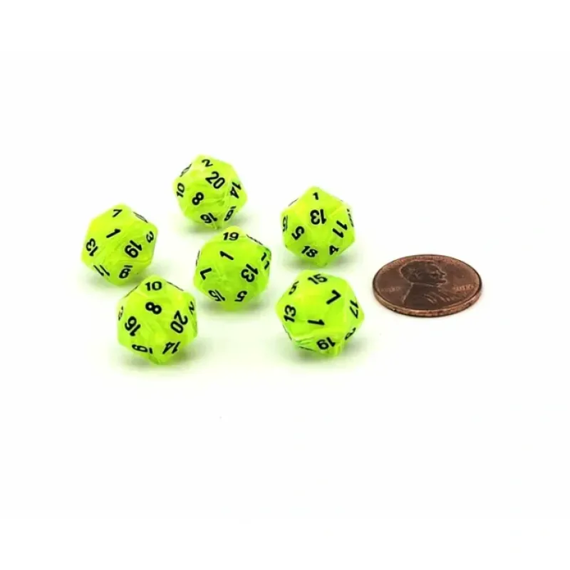 Dice>Vortex 12mm Mini 20 Sided D20 Dice, 6 Pieces - Bright Green with Black Numbers - Your Source for Gaming Essentials