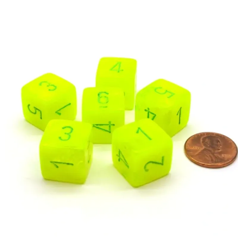 Dice>Vortex 15mm 6-Sided D6 Numbered Dice, 6 Pieces - Electric Yellow with Green - Your Source for Gaming Essentials